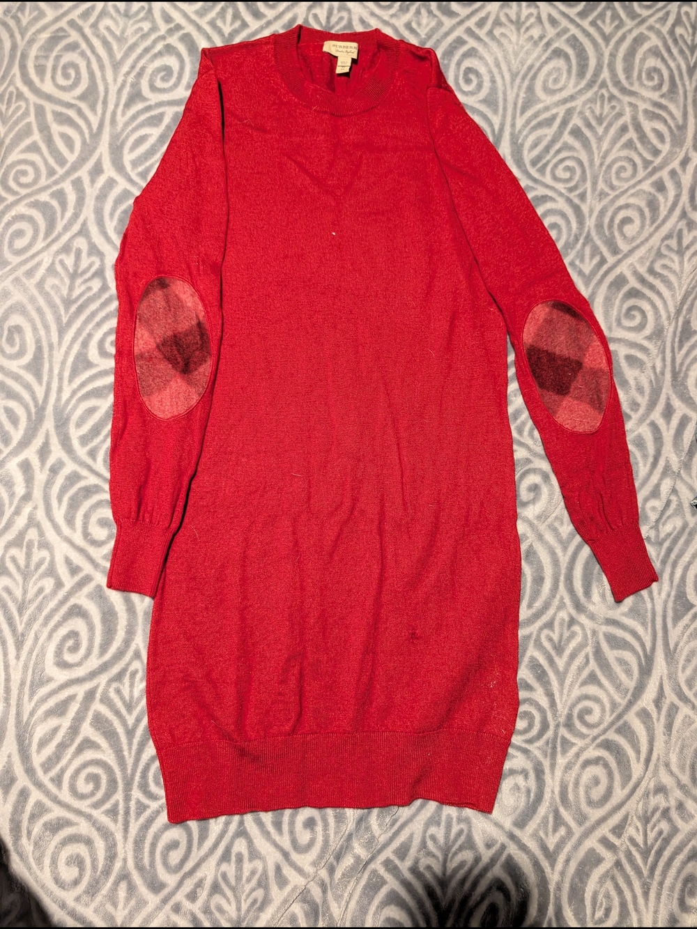 Burberry Red Long Sleeve Knit Dress with Plaid Elbow Patches